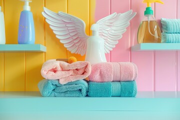 Stack of towels on a counter, perfect for bathroom or spa concept