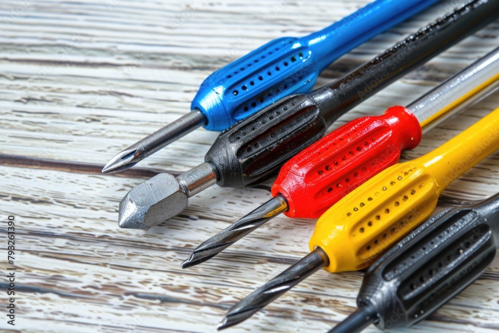 Poster Various tools neatly arranged on a wooden table. Suitable for DIY projects and construction concepts