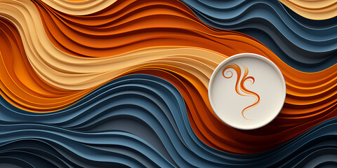 Coffee background, a cup of coffee with latte art against a background of soft waves in brown tones, top view	