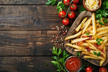 Delicious french fries with ketchup and fresh tomatoes on a rustic wooden table. Perfect for food and cooking concepts