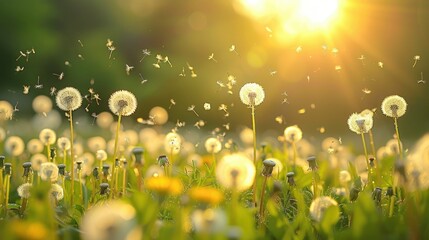 Amidst a sunlit meadow an abundance of dandelions sway gracefully in the gentle breeze captured in a horizontal image with a softly blurred backdrop and a shallow depth of field - obrazy, fototapety, plakaty