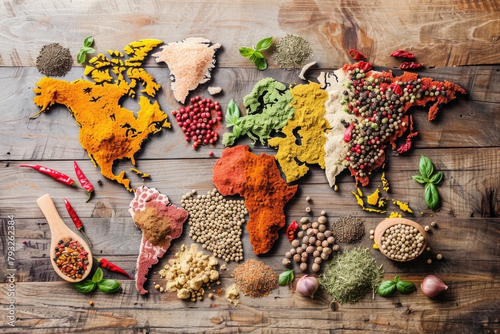 Poster a unique world map made out of various spices and herbs, perfect for culinary designs