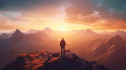 Tuinposter A man standing on top of a mountain as the sun sets. Goals and achievements concept photo composite. Concept vision, Hiker looking mountain and enjoying sunrise. High quality photo © AminaDesign