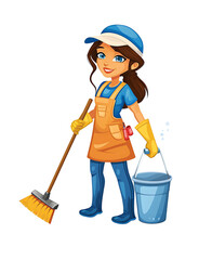 Vector of a smiling cleaning service professional with a broom and bucket, geared up for tidying. Generative AI