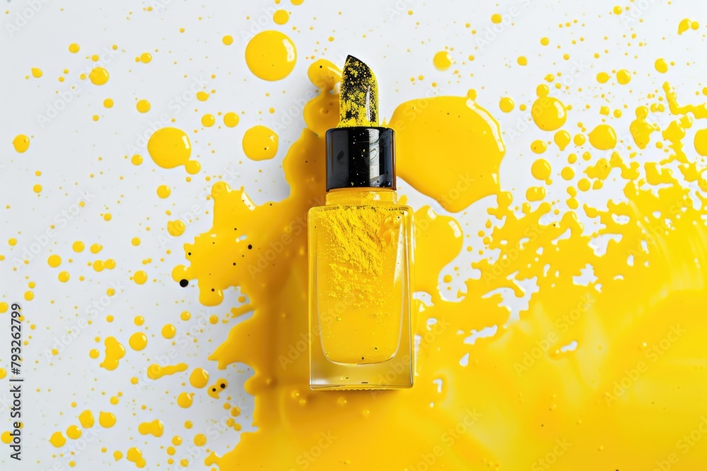Poster a bottle of yellow liquid on a table. suitable for various design projects