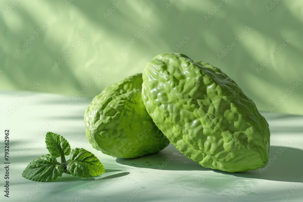 Poster a close-up of two green fruits on a table. suitable for food and nutrition concepts