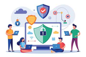 People Examining Computer Screen With Padlock, People using vpn technology system to protect concept, Simple and minimalist flat Vector Illustration