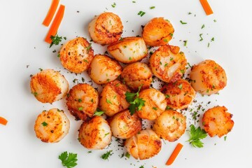 Fresh scallops and carrots arranged on a white plate. Perfect for food blogs or restaurant menus
