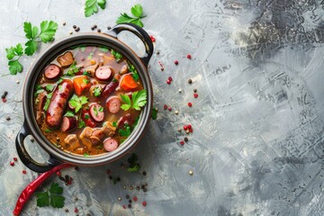 A pot filled with meat and vegetables on a table. Suitable for cooking or food-related designs