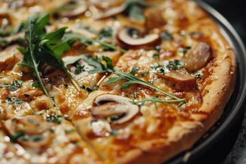Close up of a delicious pizza on a pan, perfect for food blogs or restaurant menus