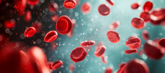 Red blood cells up close scattered the air on a blue bokeh background. 