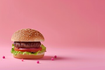 A delicious hamburger placed on a pink surface, perfect for food-related projects