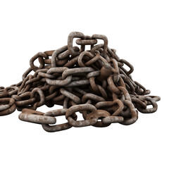 A collection of rusty chains on an isolated white background