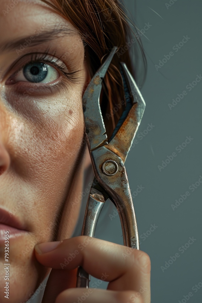 Poster A close-up image of a person holding a pair of scissors. Perfect for illustrating concepts related to cutting, crafting, or DIY projects
