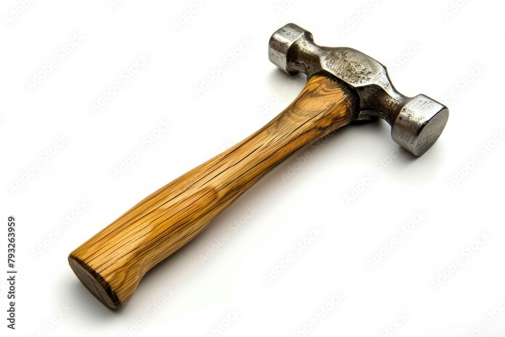 Poster a wooden handle hammer on a white surface. ideal for construction and diy projects