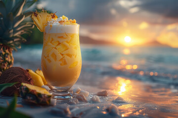 A creamy piña colada cocktail, blending rum, coconut cream, and pineapple juice for a tropical escape in a glass. Concept of beachside relaxation. Generative Ai. - obrazy, fototapety, plakaty