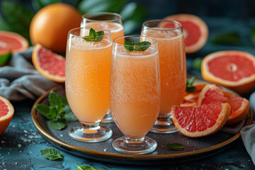 A tart and tangy grapefruit mimosa, combining sparkling wine with fresh grapefruit juice for a citrusy twist on a classic brunch beverage. Concept of brunch indulgence. Generative Ai.