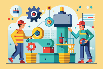Two men in work attire are focused on repairing a machine in a factory setting, people who repair machines, Simple and minimalist flat Vector Illustration