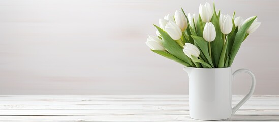 White tulips in a white vase on a white wooden table