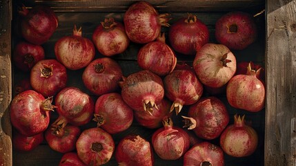 Fresh pomegranates in a rustic wooden box, perfect for food and agriculture concepts