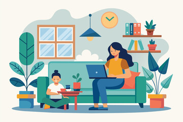 A woman is sitting on a couch with a child on her lap, People work from home trending, Simple and minimalist flat Vector Illustration