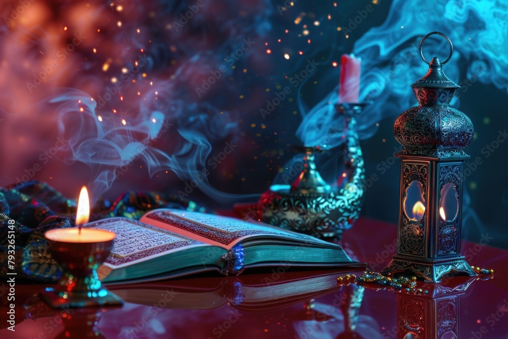 Poster An open book sitting on top of a table next to a lit candle. Suitable for educational and inspirational concepts