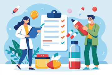 Two individuals standing next to a clipboard with a checklist on it, people write drug prescriptions from doctors, Simple and minimalist flat Vector Illustration