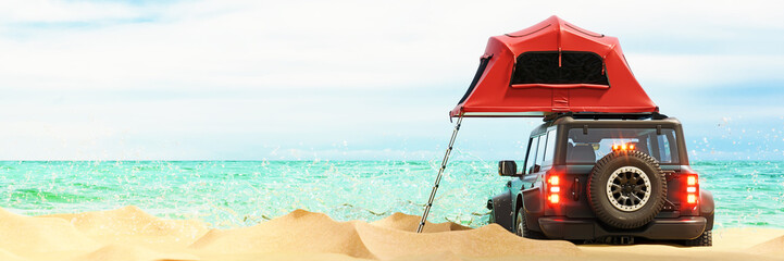 Car with red rooftop tent on beautiful sand beach and turquoise blue sea background. Summer...