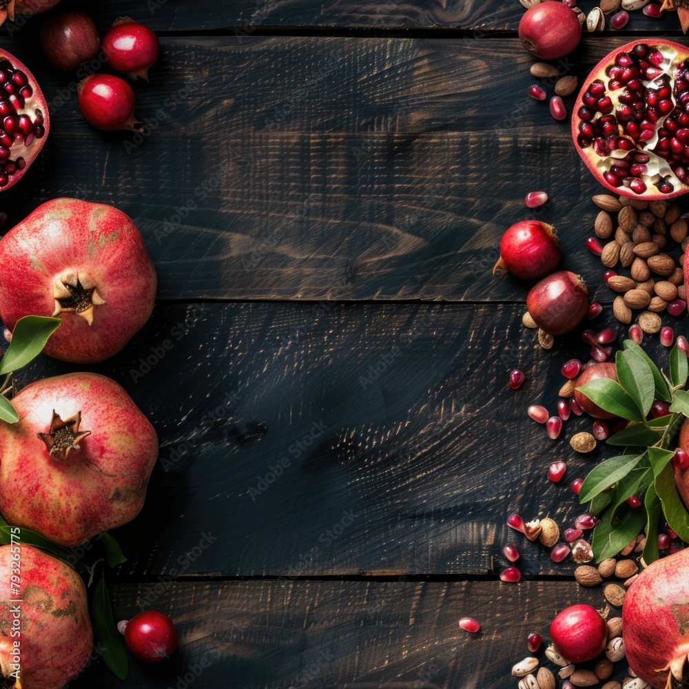 Poster fresh pomegranates and nuts displayed on a rustic wooden table, perfect for food and nutrition conce
