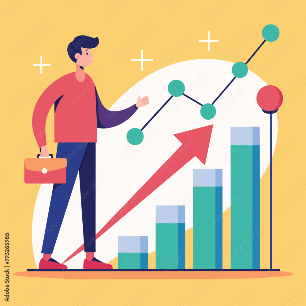 Canvas Prints A man stands in front of a bar chart, analyzing the data presented, Person analyzing growth graph, Simple and minimalist flat Vector Illustration