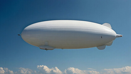 White airship, zeppelin flies in the blue sky.
