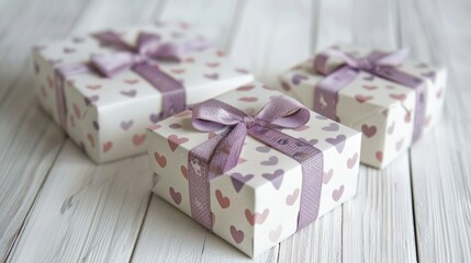 Beautifully adorned gift boxes sit atop a pristine white wooden table dressed in heart patterned paper and tied with a delicate purple ribbon Wishing you a Happy Valentine s Day and a joyou