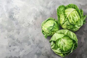 Three fresh green cabbages on a neutral gray background. Perfect for food and nutrition concepts
