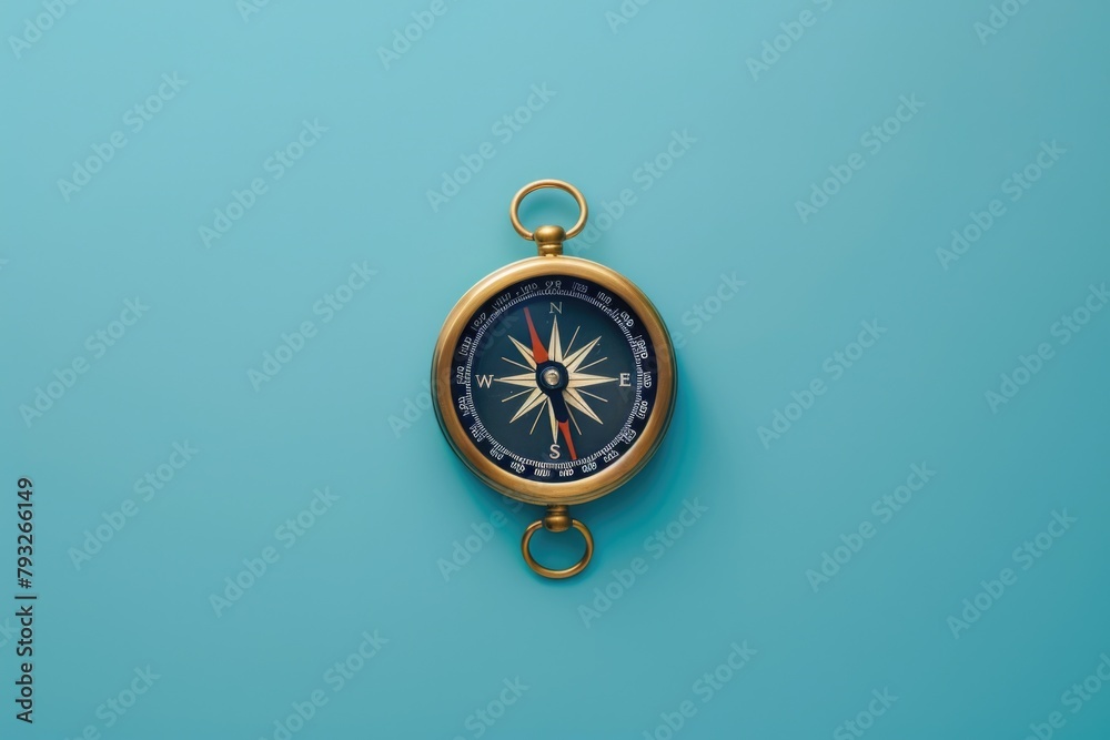 Poster a gold compass on a blue background. ideal for travel and navigation concepts