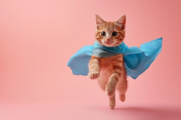 Superhero cat, Cute red tabby kitty with a blue cloak and mask jumping and flying on pink background