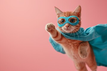 Superhero cat, Cute red tabby kitty with a blue cloak and mask jumping and flying on pink background
