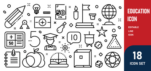Education Line Editable Icons set. Vector illustration in modern thin line style of school icons school subjects, supplies, science, and online learning. Isolated on white