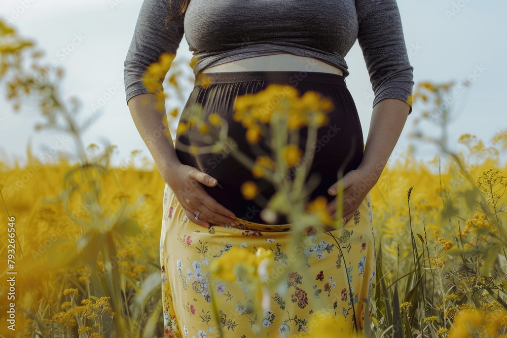 Poster A pregnant woman standing in a field of yellow flowers. Perfect for maternity or nature-themed designs