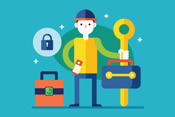 A man holding a key and a briefcase in his hands, Person with wrench and lock box, Simple and minimalist flat Vector Illustration
