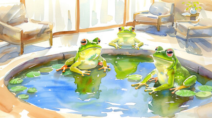 Three green frogs with bulging eyes sit calmly in a water-filled pond, their reflective skin blending in with the surroundings - obrazy, fototapety, plakaty
