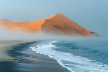 foggy desert sea coast with huge sand dune