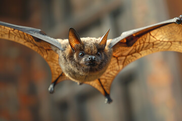 Obraz premium small bat in flight close-up on a blurred natural background