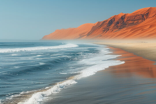 deserted ocean coast with sand dunes and fog