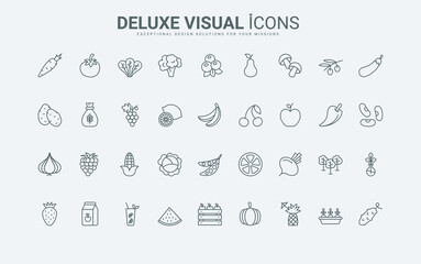 Fresh organic farm harvest, grocery product in wood box, vitamin vegetarian mix for salad and juice thin black and red outline symbols, vector illustration. Vegetables and fruits line icons set