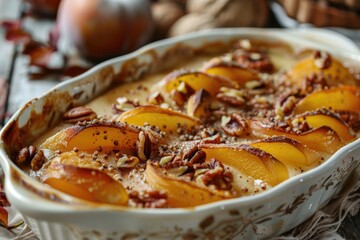 A delicious casserole dish with peaches and pecans. Perfect for recipe websites or food blogs - obrazy, fototapety, plakaty