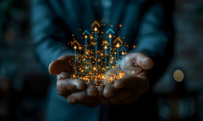 Hands releasing glowing arrows upwards. Growth, success, and progress concept for design and print. Macro shot with a dark bokeh background