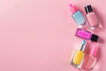 Various nail polish bottles on a pink background. Perfect for beauty and fashion concepts