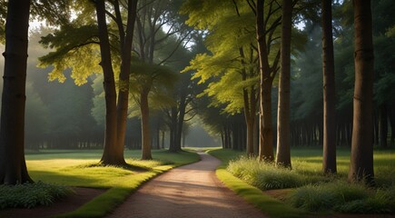 A serene path flanked by tall trees, creating a peaceful and inviting atmosphere for a leisurely stroll. - obrazy, fototapety, plakaty
