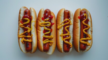 Three delicious hot dogs with mustard and ketchup, perfect for food and restaurant concepts - obrazy, fototapety, plakaty