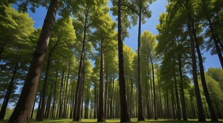 Obraz premium A line of tall trees standing in a row, with green leaves and a clear blue sky in the background.
